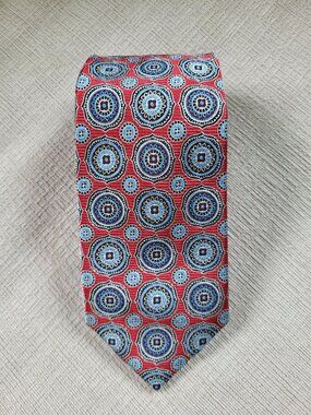 Jos. A. Bank Signature Collection Men’s 100% Silk Tie Red Blue Geometric Medalli
